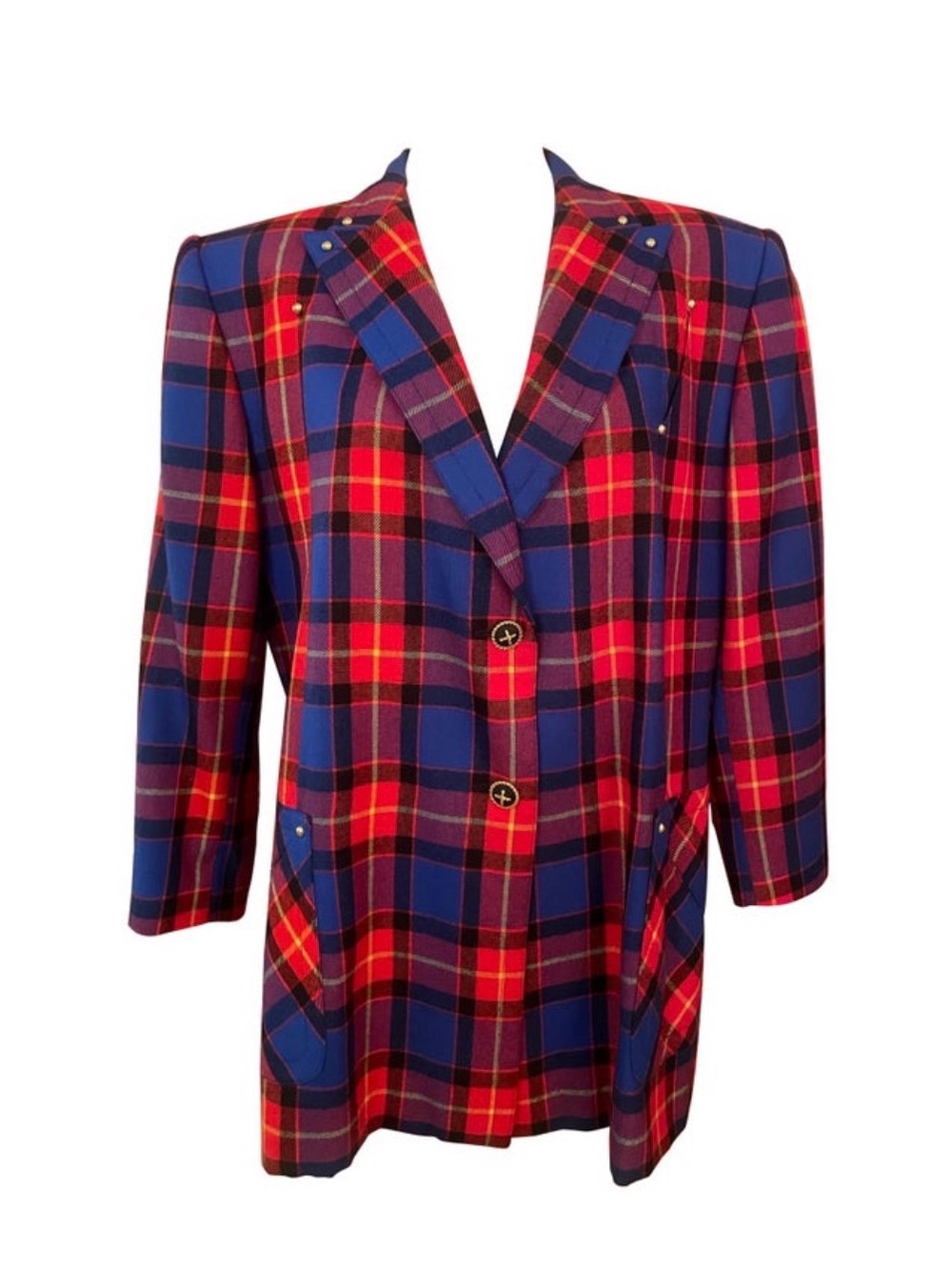 Escada Red and Blue Plaid Oversized Blazer